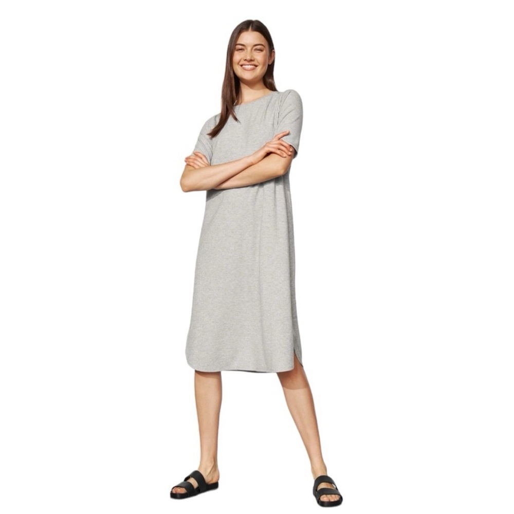 Eileen Fisher Ribbed Crew Neck Midi Dress Gray Large
